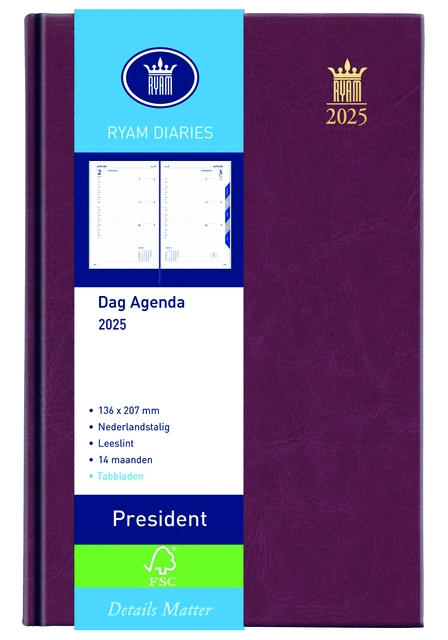 Een Agenda 2025 Ryam President 1dag/1pagina bordeaux koop je bij Alles voor uw kantoor