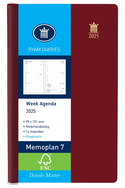 Buy your Agenda 2025 Ryam Memoplan 7 Suprema ringplasic 7dagen/2pagina's bordeaux at QuickOffice BV