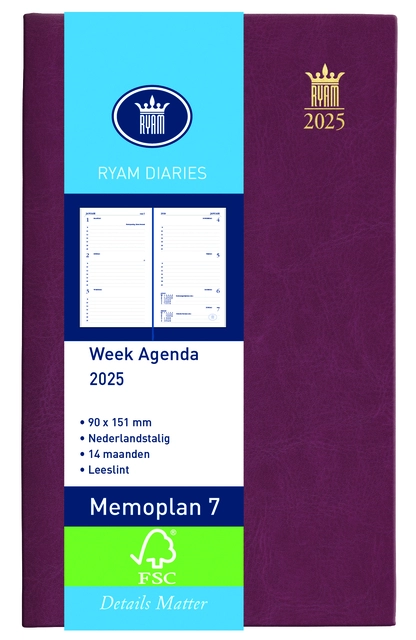 Agenda 2025 Ryam Memoplan 7 Mundior 7dagen/2pagina's bordeaux