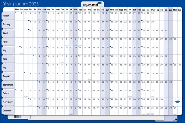 Een Jaarplanner 2025 Legamaster 90x60cm horizontaal gelamineerd en oprolbaar Engelstalig koop je bij Tonerinktshop