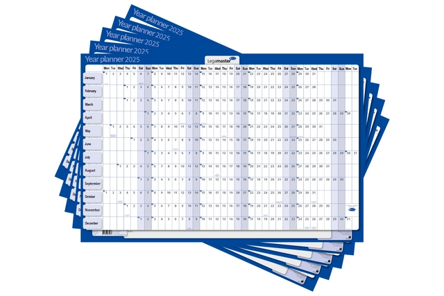 Een Jaarplanner 2025 Legamaster 90x60cm horizontaal gelamineerd en oprolbaar Engelstalig koop je bij NiceSupplies.nl