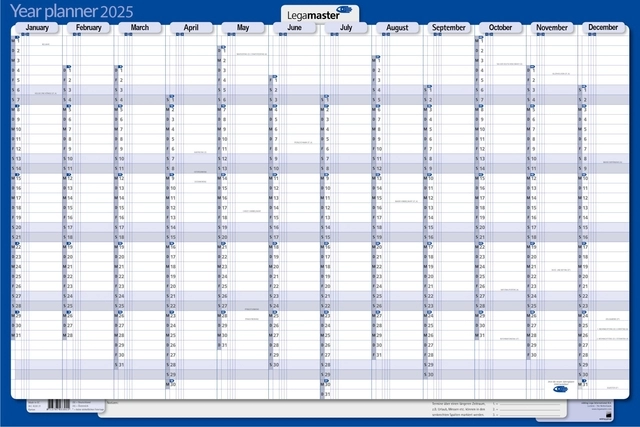 Jaarplanner 2025 Legamaster 1 persoon 90x60cm horizontaal gelamineerd Engelstalig