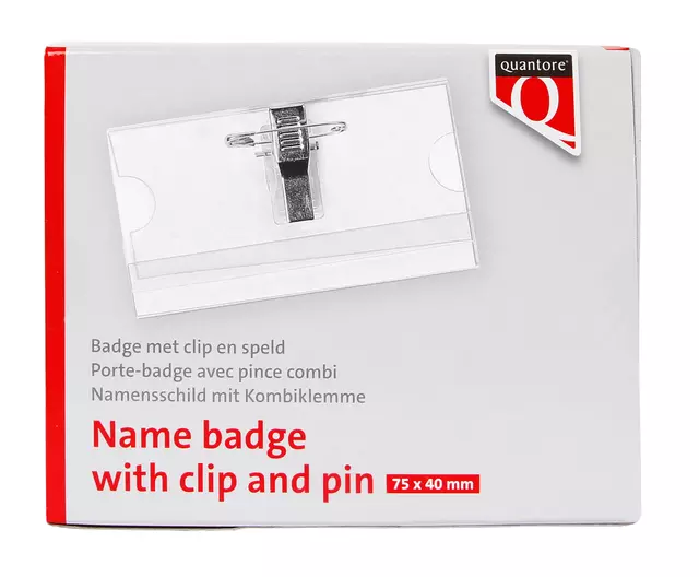 Een Badge Quantore met clip en speld 40x75mm koop je bij MV Kantoortechniek B.V.