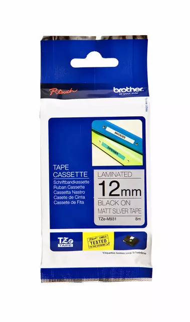 Een Labeltape Brother P-touch TZE-M931 12mm zwart op metalic koop je bij Van Hoye Kantoor BV