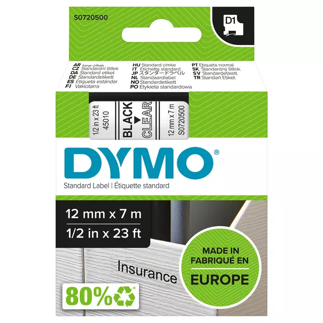Een Labeltape Dymo LabelManager D1 polyester 12mm zwart op transparant koop je bij EconOffice