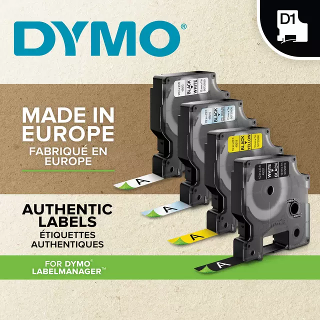 Een Labeltape Dymo LabelManager D1 polyester 12mm zwart op transparant koop je bij Van Leeuwen Boeken- en kantoorartikelen