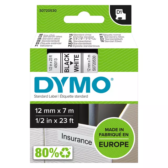 Een Labeltape Dymo D1 45013 720530 12mmx7m polyester zwart op wit koop je bij Totaal Kantoor Goeree