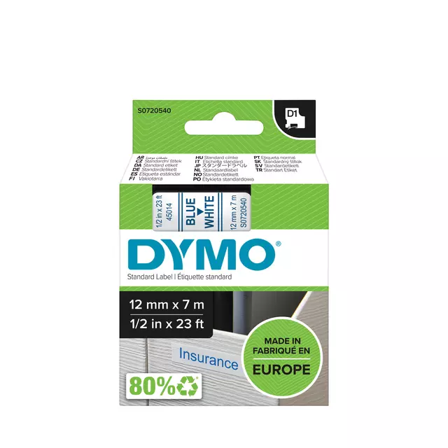 Een Labeltape Dymo LabelManager D1 polyester 12mm blauw op wit koop je bij KantoorProfi België BV