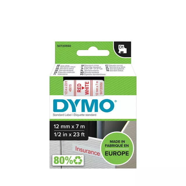 Een Labeltape Dymo LabelManager D1 polyester 12mm rood op wit koop je bij KantoorProfi België BV