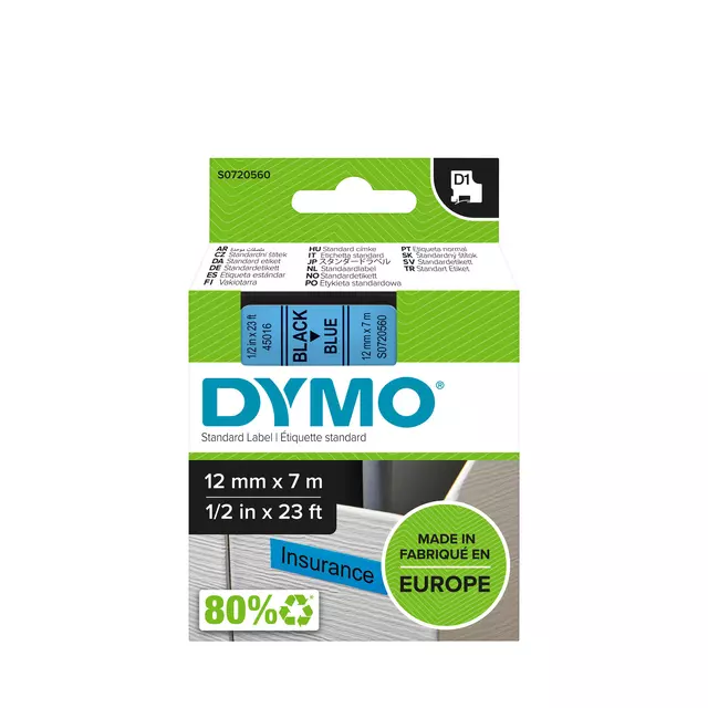 Een Labeltape Dymo LabelManager D1 polyester 12mm zwart op blauw koop je bij L&N Partners voor Partners B.V.