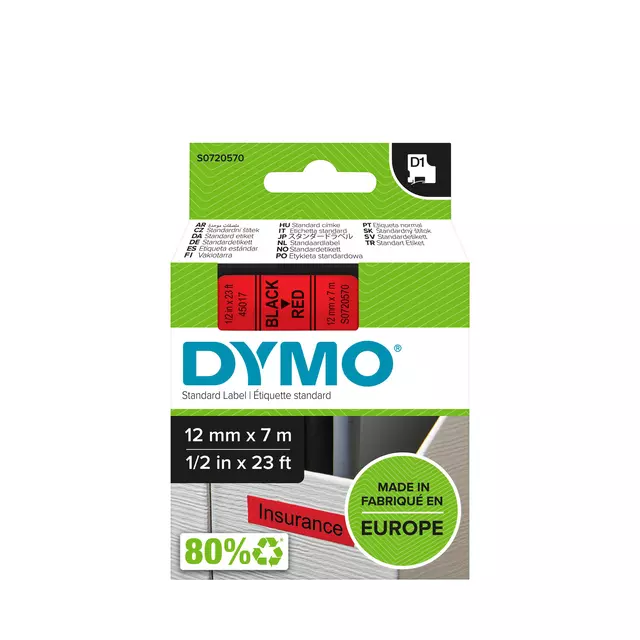 Een Labeltape Dymo LabelManager D1 polyester 12mm zwart op rood koop je bij Goedkope Kantoorbenodigdheden