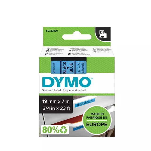 Een Labeltape Dymo LabelManager D1 polyester 19mm zwart op blauw koop je bij Ziffo Kantoorcentrum BV