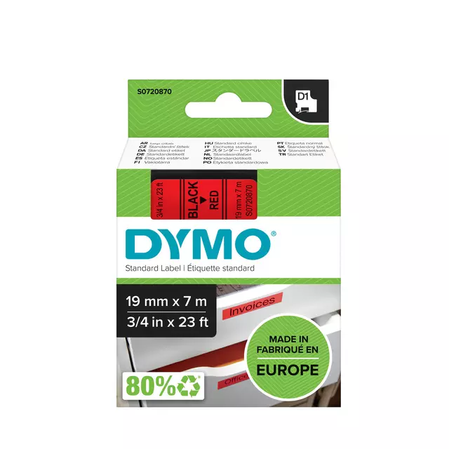 Een Labeltape Dymo LabelManager D1 polyester 19mm zwart op rood koop je bij NiceSupplies.nl