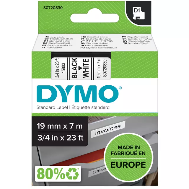 Een Labeltape Dymo D1 45803 720830 19mmx7m polyester zwart op wit koop je bij EconOffice