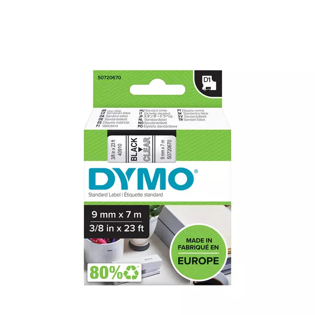 Een Labeltape Dymo LabelManager D1 polyester 9mm zwart op transparant koop je bij KantoorProfi België BV