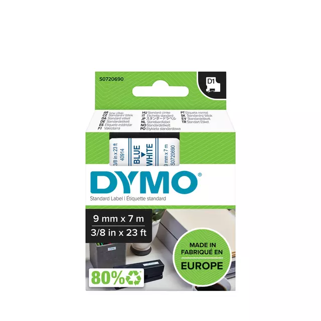 Een Labeltape Dymo LabelManager D1 polyester 9mm blauw op wit koop je bij KantoorProfi België BV