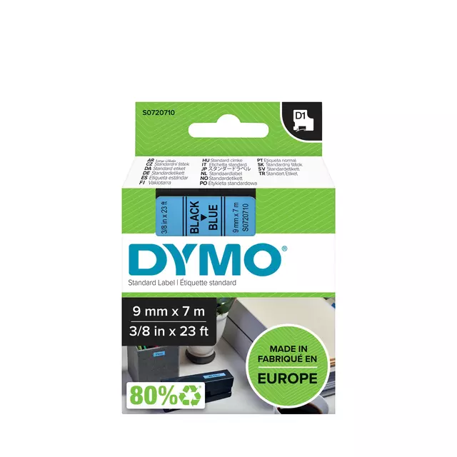 Een Labeltape Dymo LabelManager D1 polyester 9mm zwart op blauw koop je bij KantoorProfi België BV