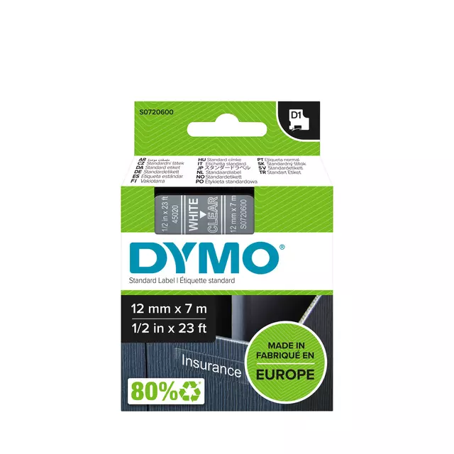 Een Labeltape Dymo LabelManager D1 polyester 12mm wit op transparant koop je bij KantoorProfi België BV