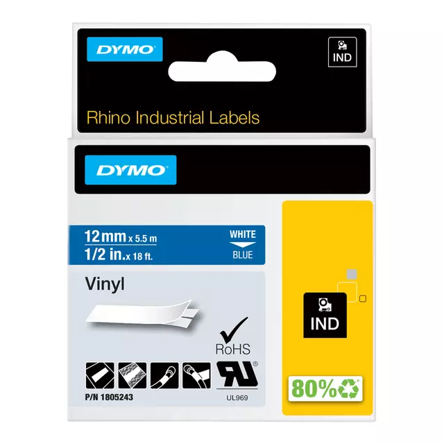 Een Labeltape Dymo Rhino industrieel vinyl 12mm wit op blauw koop je bij KantoorProfi België BV