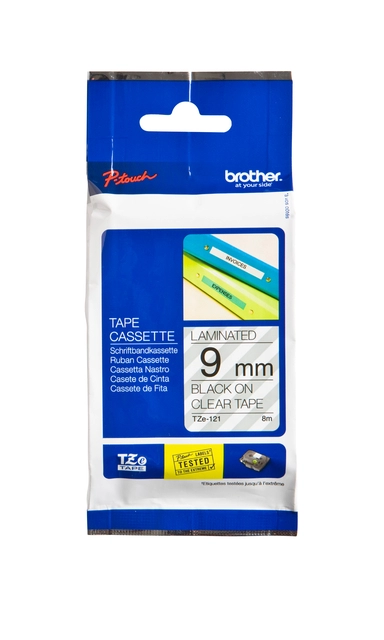 Een Labeltape Brother P-touch TZe-121 standaard 9mm zwart op transparant koop je bij Unimark Office B.V.