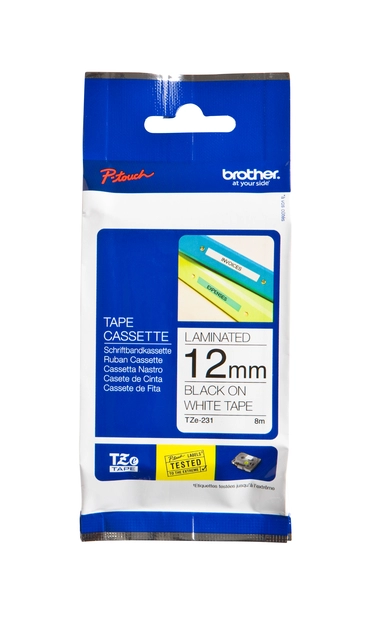 Een Labeltape Brother P-touch TZe-231 standaard 12mm zwart op wit koop je bij Holzem Kantoorefficiency