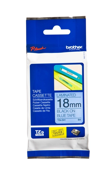 Een Labeltape Brother P-touch TZe-541 standaard 18mm zwart op blauw koop je bij Unimark Office B.V.