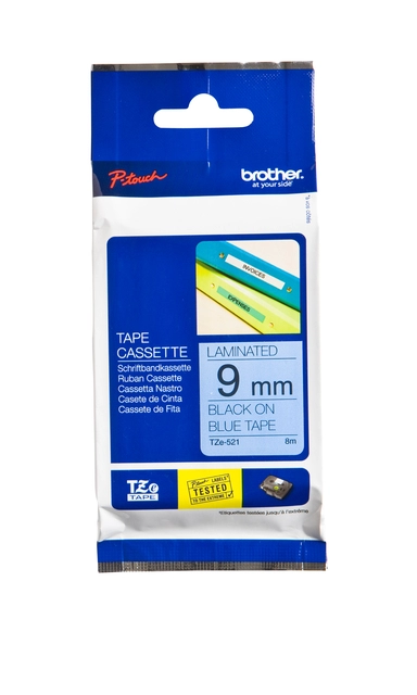 Een Labeltape Brother P-touch TZe-521 standaard 9mm zwart op blauw koop je bij Unimark Office B.V.