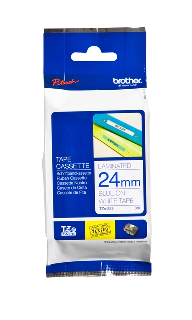 Een Labeltape Brother P-touch TZe-253 standaard 24mm blauw op wit koop je bij Unimark Office B.V.