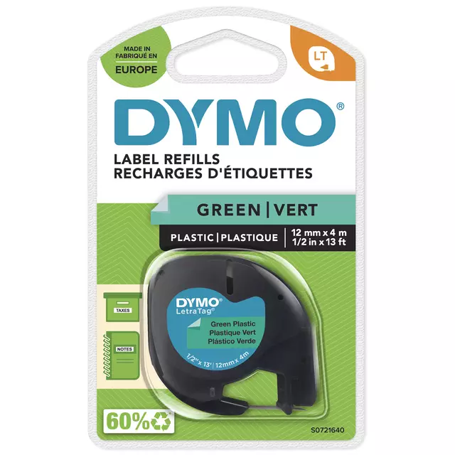 Een Labeltape Dymo LetraTag plastic 12mm zwart op groen koop je bij MV Kantoortechniek B.V.