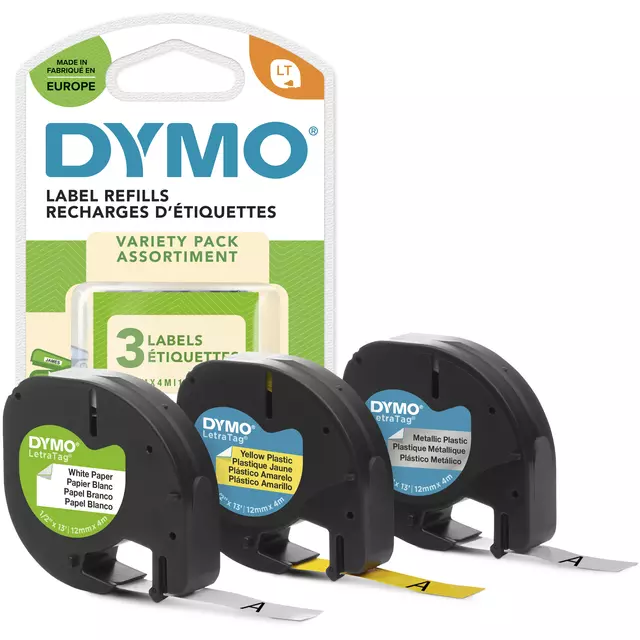 Labeltape Dymo LetraTag 12mm assorti 3 stuks