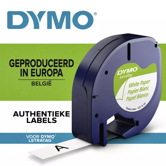 Een Labeltape Dymo LetraTag papier 12mm zwart op wit koop je bij EconOffice