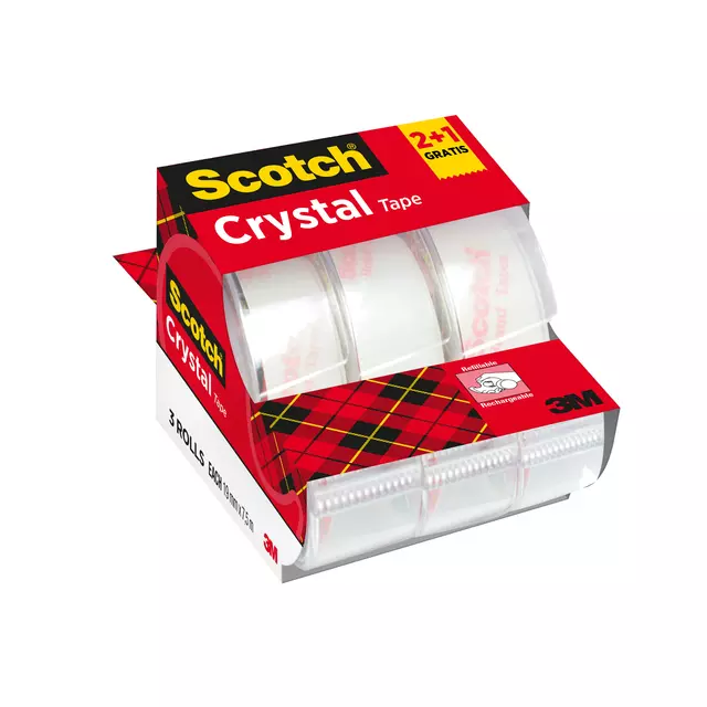 Een Plakband Scotch Crystal 600 19mmx7.5m transparant 2+1 gratis + afroller koop je bij Van Leeuwen Boeken- en kantoorartikelen