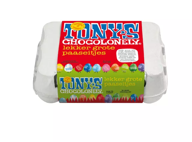 Een Chocolade Tony's Chocolonely paaseitjes doos mix 12 stuks koop je bij Unimark Office B.V.