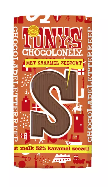 Een Chocoladeletter Tony's Chocolonely melk karamel zeezout S 180gr koop je bij Ziffo Kantoorcentrum BV