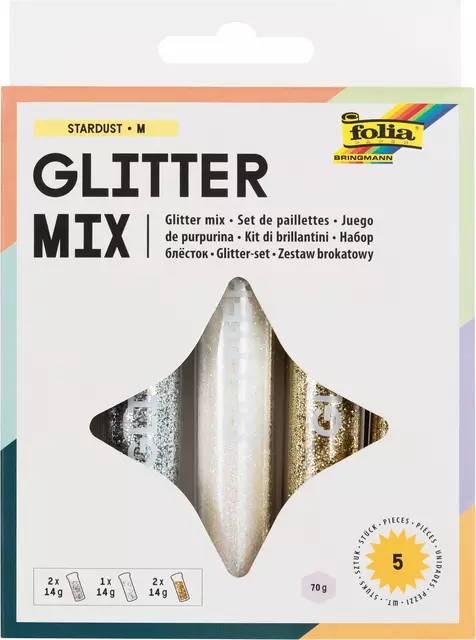 Een Glitterpoeder Folia 14gram Stardust 5 stuks 3 kleuren koop je bij Van Hoye Kantoor BV