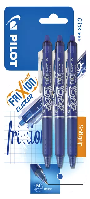 Een Rollerpen PILOT friXion clicker medium blauw blister à 3 stuks koop je bij Van Hoye Kantoor BV