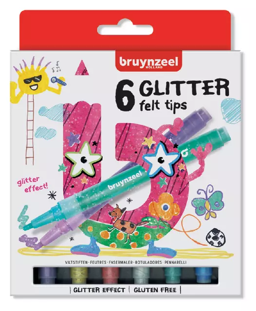 Een Viltstift Bruynzeel Kids glitter blister à 6 stuks assorti koop je bij Van Leeuwen Boeken- en kantoorartikelen