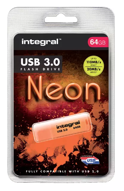 Een USB-stick 3.0 Integral 64GB neon oranje koop je bij KantoorProfi België BV