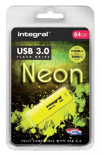 Een USB-stick 3.0 Integral 64GB neon geel koop je bij Van Leeuwen Boeken- en kantoorartikelen