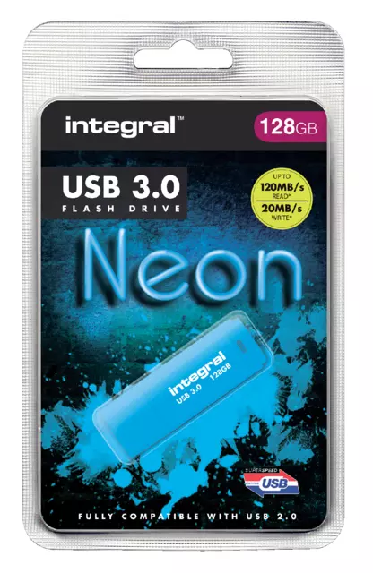 Een USB-stick 3.0 Integral 128GB neon blauw koop je bij Klik Office BV