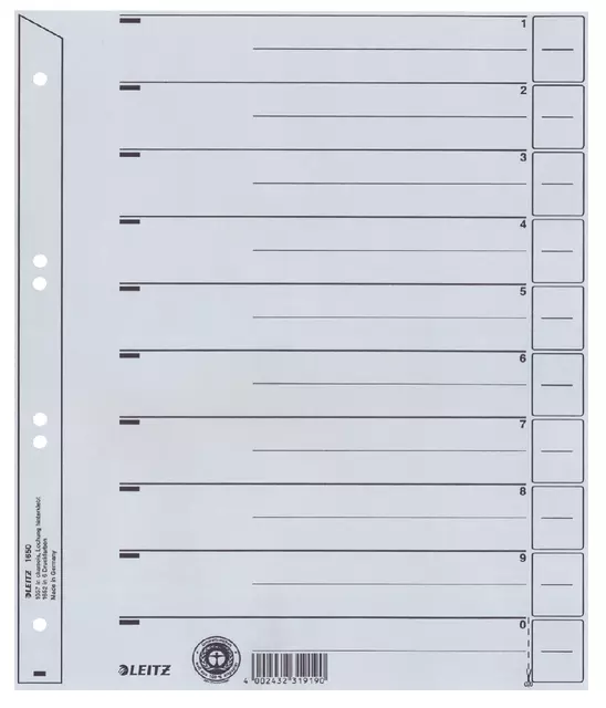 Een Scheidingsbladen Leitz A4 karton 200gr 6-gaats grijs koop je bij Van Leeuwen Boeken- en kantoorartikelen