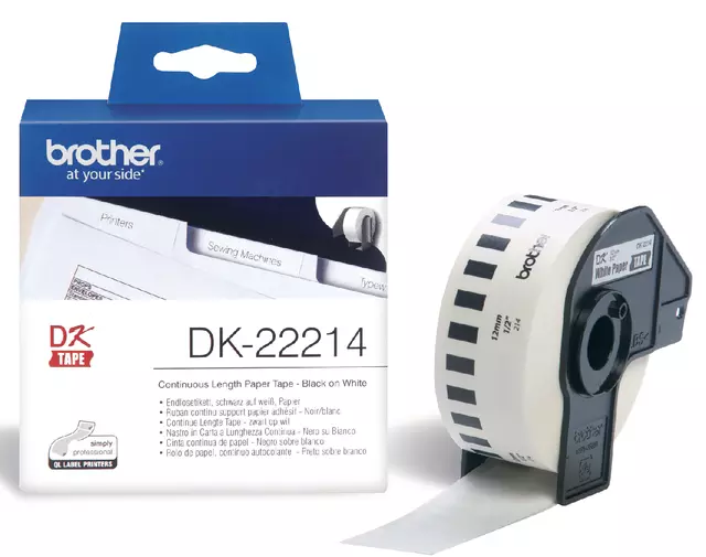 Een Etiket Brother DK-22214 12mm thermisch 30-meter wit papier koop je bij Van Leeuwen Boeken- en kantoorartikelen