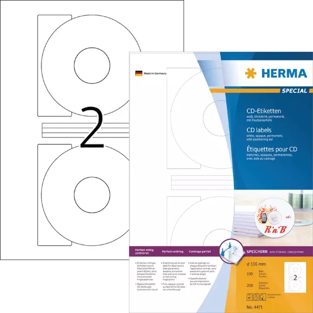 Een Etiket HERMA 4471 CD 116mm wit opaqua 200stuks koop je bij Alles voor uw kantoor