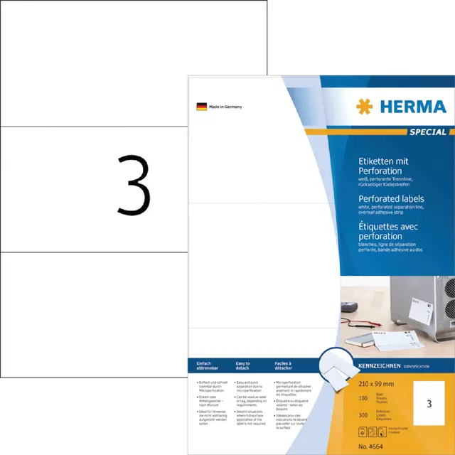 Een Etiket HERMA 4664 210x99mm geperforeerd wit 300stuks koop je bij EconOffice