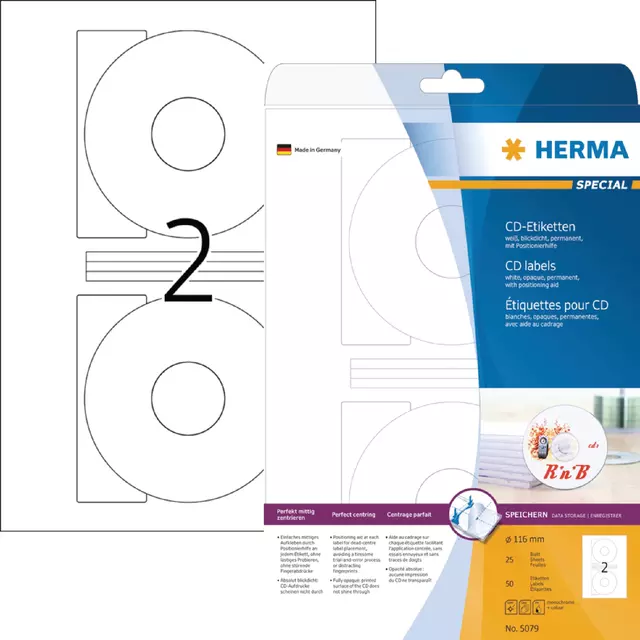 Een Etiket HERMA 5079 CD 116mm wit opaqua 50stuks koop je bij KantoorProfi België BV