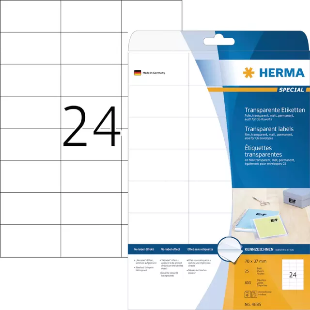 Een Etiket HERMA 4685 70x37mm transparant 600stuks koop je bij EconOffice