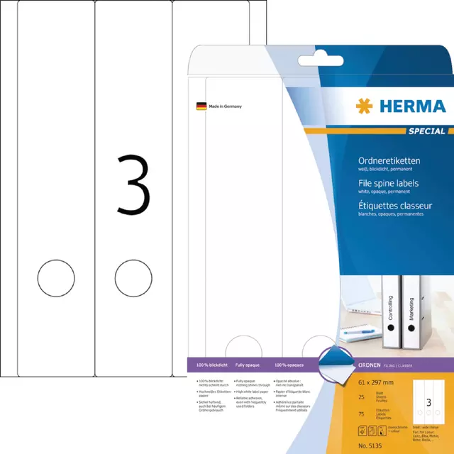Een Rugetiket HERMA 5135 breed/ lang 61x297mm zelfklevend wit koop je bij Van Leeuwen Boeken- en kantoorartikelen