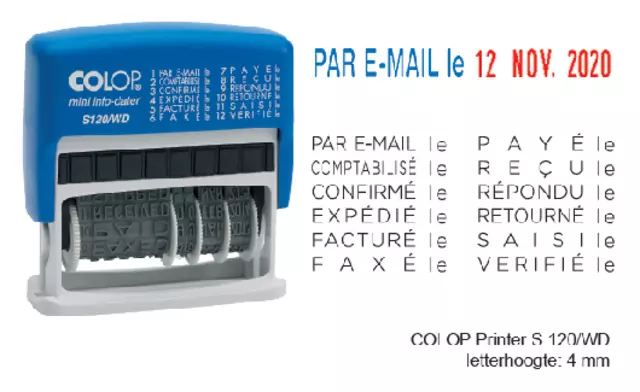 Een Woord-datumstempel Colop S120 mini-info dater 4mm frans koop je bij KantoorProfi België BV