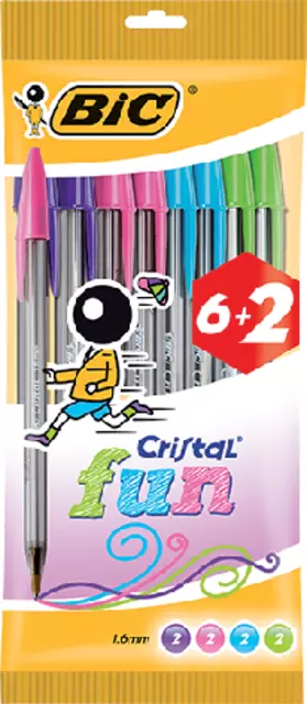 Een Balpen Bic Cristal Fun large assorti blister à 6+2 gratis koop je bij EconOffice