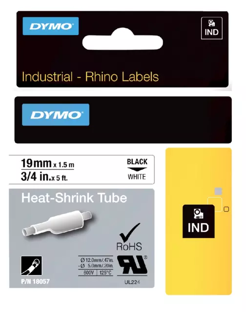 Een Labeltape Dymo Rhino industrieel krimpkous 19mm zwart op wit koop je bij Van Hoye Kantoor BV